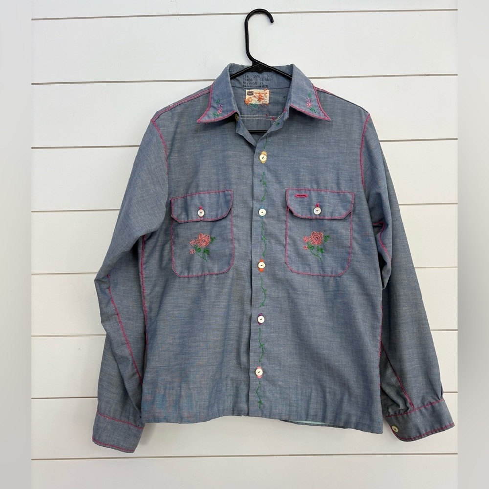Vintage Sears Blue Denim Shirt with Colorful Embroidery